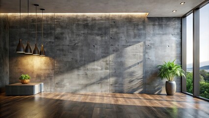 Modern minimalist interior design featuring a textured concrete wall, hardwood floor, potted plant, and pendant lighting