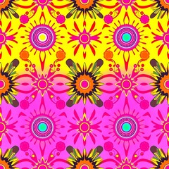 Vibrant Floral Seamless Pattern: A captivating blend of pink, yellow, and turquoise hues creates a mesmerizing pattern, adorned with intricate floral motifs and geometric shapes.