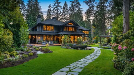 Fototapeta premium Luxurious Modern Home Backyard Evening Ambiance