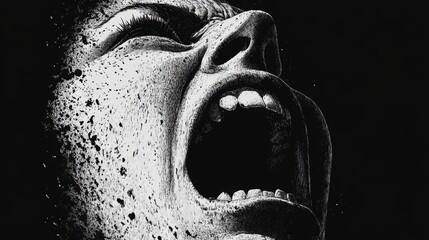 Powerful expression of intense emotion radiating from a figure in high-contrast black and white artwork showcasing a dramatic moment of raw, unfiltered feeling.