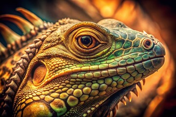 Fototapeta premium Vintage Iguana Close Up: Reptile Portrait, Scaly Skin Texture, Lizard Photography, Retro Photo