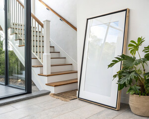 Poster mockup empty wooden frame with passe-partout near gray wall on ceramic tile floor  in hallway of residential building with glass entrance doors, stairs and houseplant in pot. AI generation.