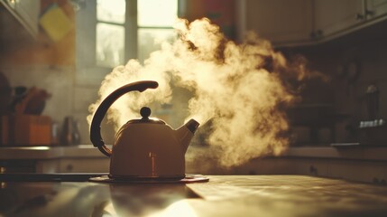 A white tea kettle is on a countertop. The steam from the kettle is rising. The countertop is made of wood