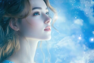 Woman exuding serene elegance, surrounded by soft celestial light
