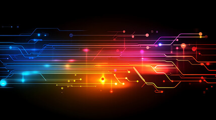 Obraz premium Digital Velocity: Abstract technology background with vibrant, colorful circuit lines and glowing nodes, suggesting speed, innovation, and connectivity. 
