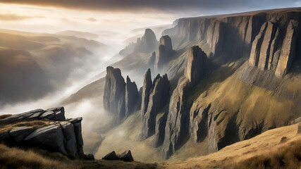 Rugged cliffs rise above a misty valley in a dramatic landscape