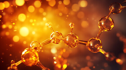 Golden Molecule: Abstract 3D rendering of a glowing amber molecule against a bokeh background.  Perfect for scientific, technological, and medical concepts. 