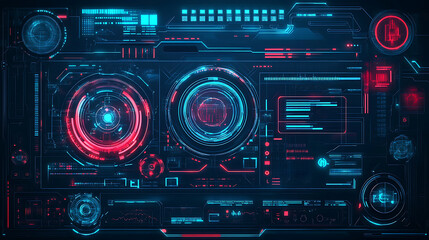 Fototapeta premium Futuristic Tech Interface: A captivating, abstract design featuring vibrant blue and red neon lights, futuristic technology, and intricate patterns. This image evokes a sense of innovation, progress.