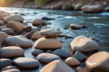 collection of smooth river stones in various sizes, which have a polished surface, scattered on the bottom of a shallow river 
