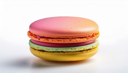 白い背景に置かれた鮮やかなカラフルなマカロン。細かいクレーターがナチュラルな質感を引き立て、美しい印象を与えるシンプルでエレガントなデザイン。
