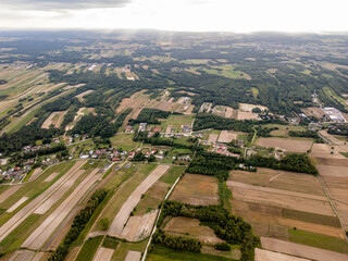 Rolling Countryside Patchwork, A lofty view of undulating farmlands, forests, and village homes arranged in fluid stripes, forming a scenic rural mosaic fading into the horizon