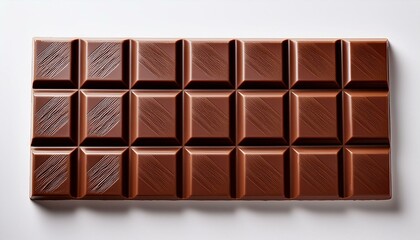 Obraz premium 白い背景にシンプルに配置されたチョコレートバー。なめらかな光沢と角の欠けがリアルな質感を強調し、魅力的で食欲を引き出すデザイン。 