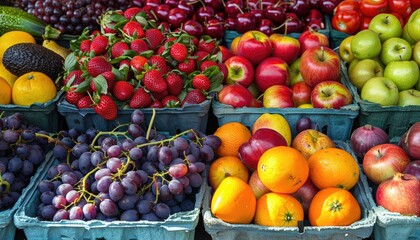 Colorful Fresh Fruits In Baskets At Market