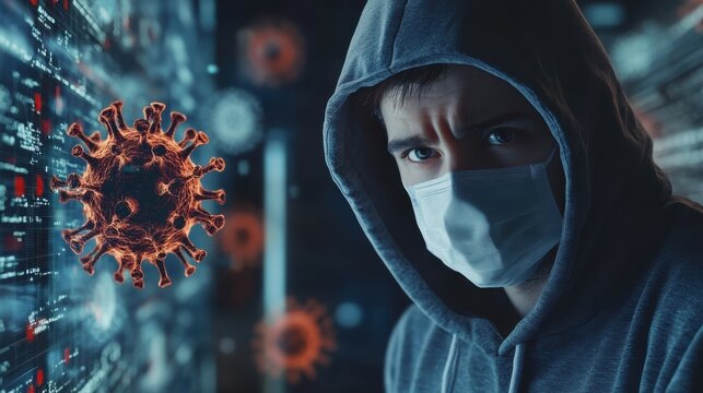 hacker man terrorist with virus computer attack to server network system online in data technology internet security hacking concept