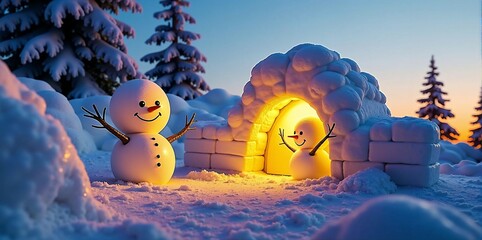 Charming Snowman Figures in a Cozy Illuminated Igloo at Sunset During a Winter Wonderland Evening