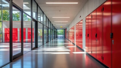 Fototapeta premium Modern Corridor with Red-Tinted Glass Storage Units