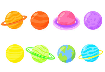 Kids colourful cartoon planet set of vector illustrations. Galaxy, space, universe