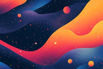 Abstract Cosmic Landscape With Wavy Nebulae And Planets