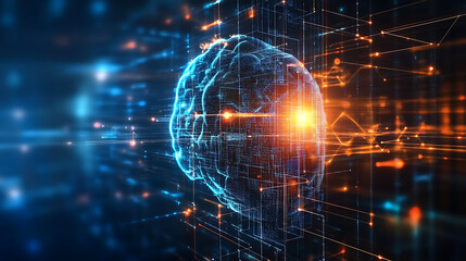 Digital Brain: A mesmerizing 3D rendering of a glowing blue brain, pulsating with digital energy, against a backdrop of intricate circuitry. This image evokes concepts of AI, technology.