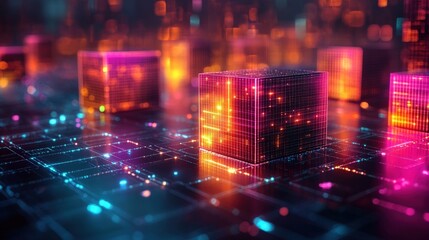Glowing digital cubes on a circuit board.