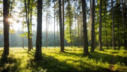 Fototapeta premium Sunny morning in the misty forest.