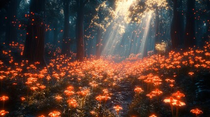 Glowing orange flowers illuminate dark forest.