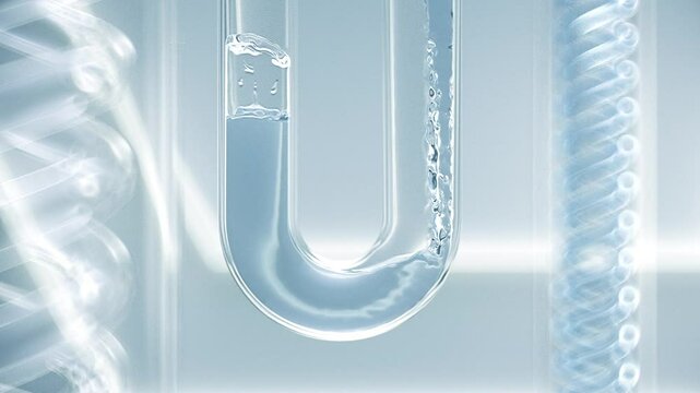Blue liquid flows into flask in spiral shape, high-tech glass tube liquid flow, cosmetic essence extraction experiment. Cosmetics production in laboratory, chemical experiment research study.