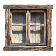 Rustic double-pane wooden window with weathered frame isolated on white.