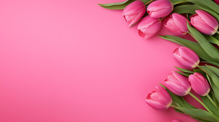 Obraz premium Beautiful composition spring flowers. Bouquet of pink tulips flowers on pastel pink background. Valentine's Day, Easter, Birthday, Happy Women's Day, Mother's Day. Flat lay, top vi