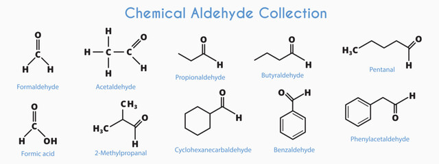 Aldehyde Compounds Set. Formaldehyde, Acetaldehyde, Benzaldehyde, Pentanal, Propanal, Butanal, 2-Methylpropanal, Cyclohexanecarbaldehyde, Phenylacetaldehyde, Formic acid. Chemical formula. Vector