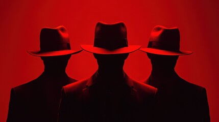 Three hackers without face. Concept of red hat, hacker group, organization or association.