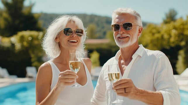 Senior couple drinking prosecco in a swimming pool