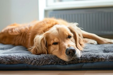 Golden retriever dog resting peacefully on a comfortable dog bed, enjoying a moment of relaxation at home
