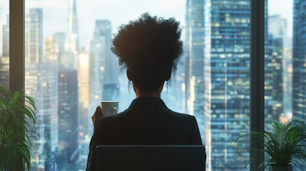 African businesswoman drinking coffee in office. Back view relaxed professional taking break for coffee cup. Joyful business woman looking in office window with city view. Top manager thinking projec