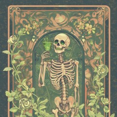 Art Nouveau Skeleton Enjoying Absinthe Cocktail