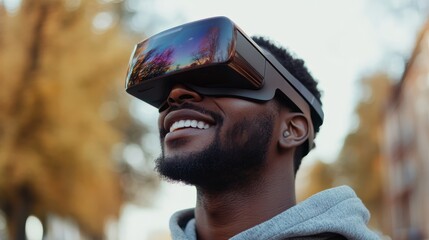 African man having fun using augmented reality glasses outdoor - Focus on face