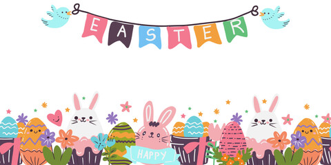 Fototapeta premium Vector Eastern banner of decorative Eastern eggs, rabbits, spring flowers and text Easter.