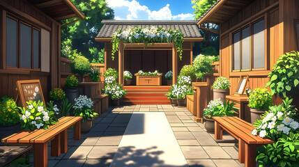 Fototapeta premium Serene Japanese Garden Illustration: Tranquil Courtyard with Wooden Benches and White Flowers