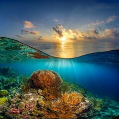 Generated image A coral reef at sunset, with the last rays of sunlight