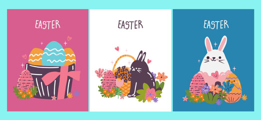 Three Easter cards with rabbits and eggs. The first card has a basket of eggs, the second has a rabbit holding a basket of eggs, and the third has a rabbit holding a basket of eggs and a heart