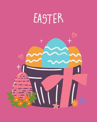 Happy Easter Day greeting card with hand drawn cute vector illustrations.