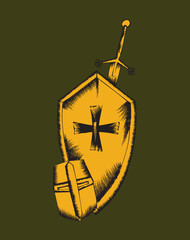 Medieval crusader shield, helmet and sword protecting christianity