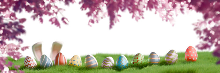Colorful Easter eggs arranged on grass under blooming branches, celebrating the Easter holiday. 3d rendering