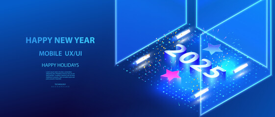 Happy New Year 2025 isometric banner in technology style. Ai holidays new year vector background. Happy holiday card with glass wall, neon numbers, star and lamps inside. Carnival celebration deign.