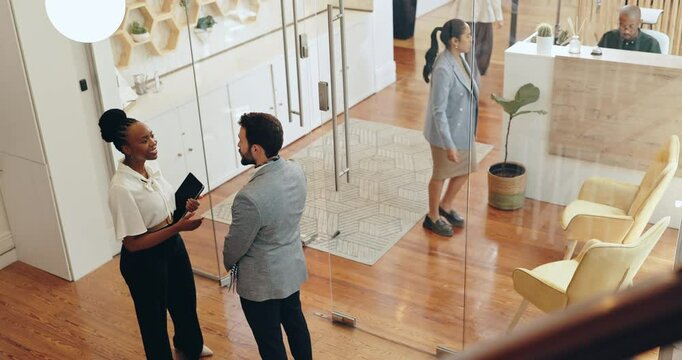 Shaking hands, happy business people and greeting client in office for interview, intro or welcome in waiting room above. Handshake, hr and meeting for hiring, conversation or recruitment opportunity