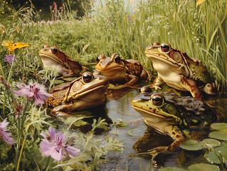 Obraz premium A group of American bullfrogs in various poses by the edge of a pond, with tall grass and wildflowers framing the scene. The composition highlights the frogs 