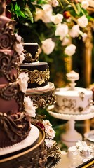 Fototapeta premium Opulent dessert table featuring luxurious cakes with intricate detailing, showcasing elegance and richness in a lavish setting