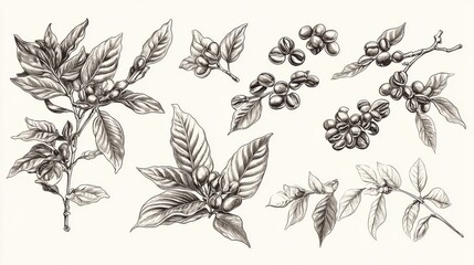 Coffee plants sketch. Vintage black beans, tasty arabica robusta grains. Isolated hand drawn branch and leaf, cafe cafeteria elements
