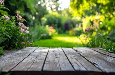 Wooden table in vibrant garden.