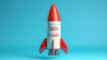 2025 goal setting planning and objectives. Rocket symbolizing goals for the year 2025 against a blue background.